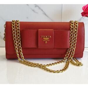 Authentic Prada Saffiano Leather Pink Wallet with Gold Chain Crossbody with COA